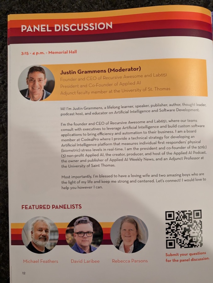 Event program listing Justin Grammens as panel moderator