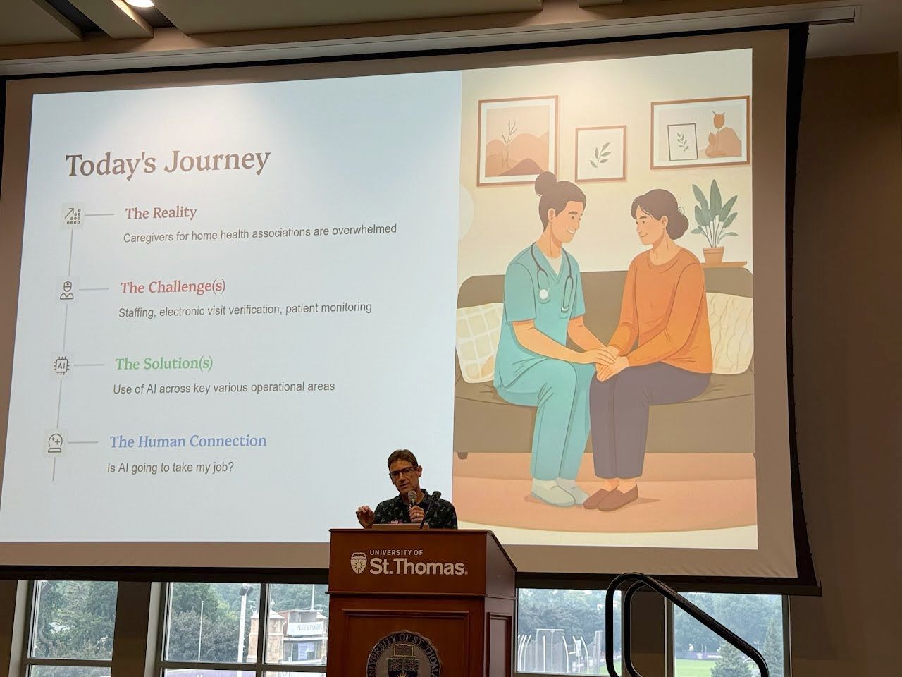 Justin Grammens presenting on AI in home health care at Healthcare.MN, University of St. Thomas